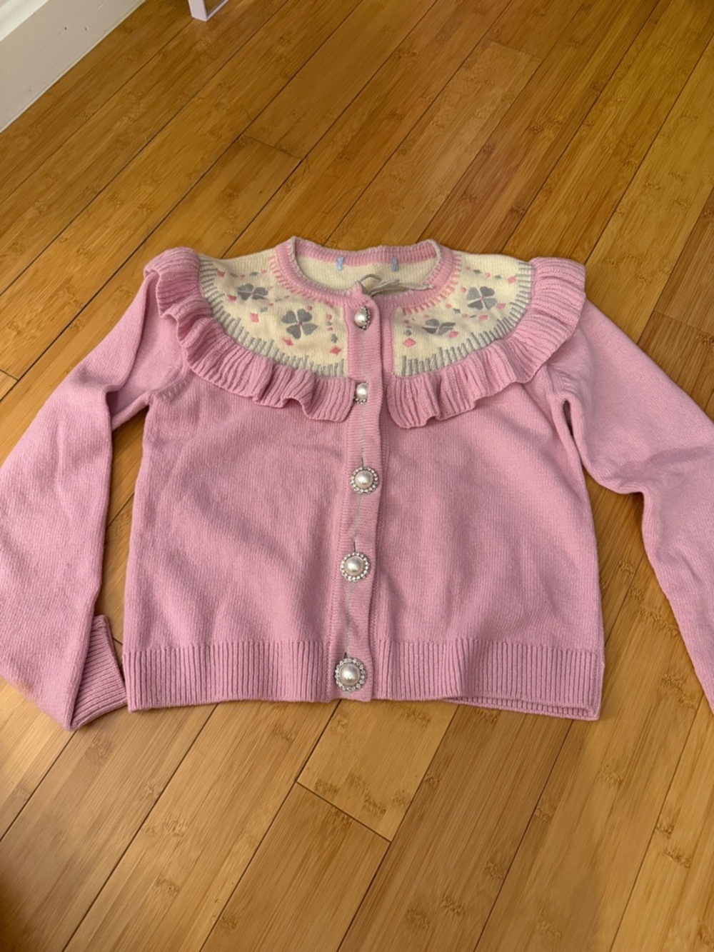 Hill House Pink Ruffle Yoke Cardigan with Cream Floral Knit - Picture 2 of 4